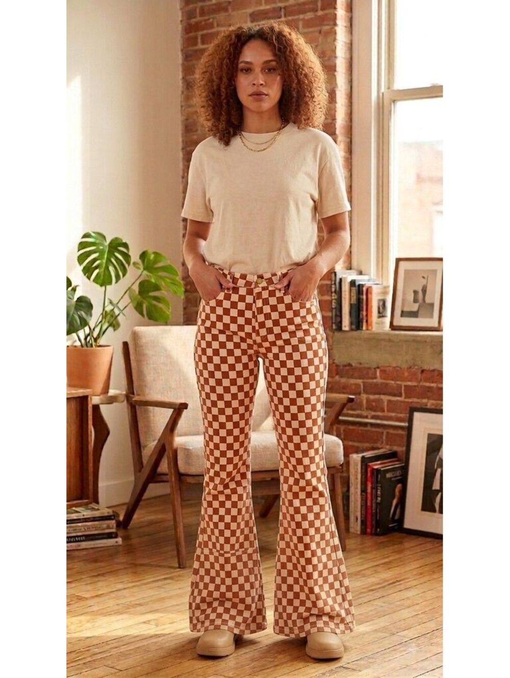 Checkered flare leg jeans